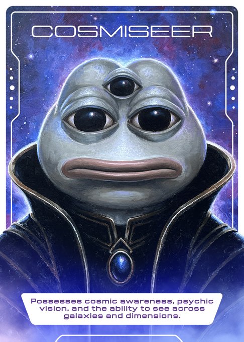 Digital trading card illustration titled 'COSMISEER,' depicting a grey alien-like creature with three eyes wearing a dark cloak against a starry space background.
