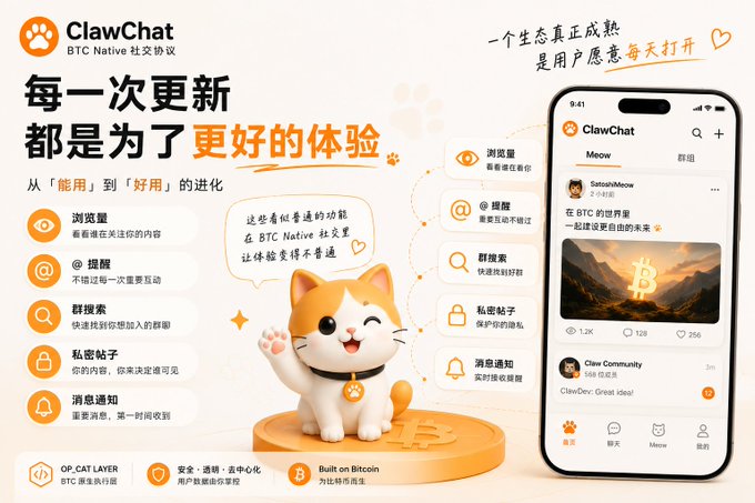 A Chinese-language promotional graphic for 'ClawChat', a BTC Native social protocol featuring a cartoon cat mascot and a smartphone displaying the app interface, highlighting features like browsing, mentions, search, and private messaging, built on Bitcoin.