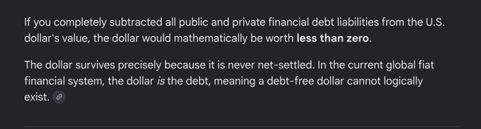 An image containing text that argues the U.S. dollar's value is mathematically negative if its debts were subtracted, and that the dollar only functions because it's "never net-settled" within the current global financial system. The passage frames the dollar as inherently debt-based, contrasting with the post's claim that stablecoins are backed by real reserves rather than debt and military force.