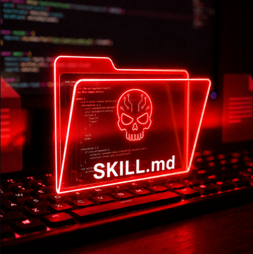 A neon red folder icon with a skull logo and 'SKILL.md' text displayed on a keyboard, representing a malicious skill file often used in prompt injection attacks.