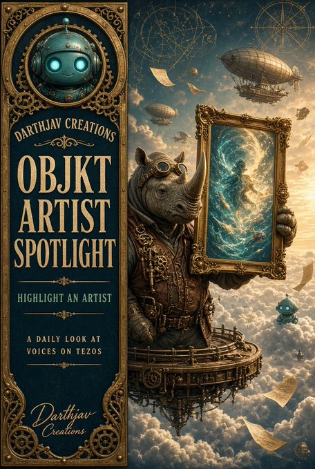 A steampunk-style promotional poster featuring a rhinoceros in goggles holding a portal frame, with text "DARTHJAV CREATIONS", "OBJKT ARTIST SPOTLIGHT", "HIGHLIGHT AN ARTIST", and "A DAILY LOOK AT VOICES ON TEZOS".