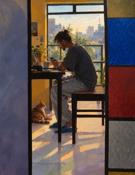 A warm, impressionistic painting shows a person sitting at a table by a window, looking at their phone while an orange tabby cat rests on the floor nearby.