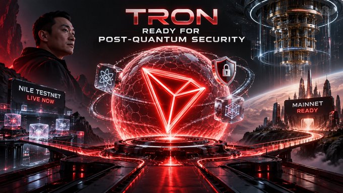 A futuristic promotional graphic for TRON featuring Justin Sun on the left, with "TRON READY FOR POST-QUANTUM SECURITY" displayed prominently above a glowing red TRON logo, alongside text reading "NILE TESTNET LIVE NOW" and "MAINNET READY" against a sci-fi cityscape backdrop, visually reinforcing the announcement that TRON's post-quantum cryptography is operational on the testnet and prepared for mainnet deployment.