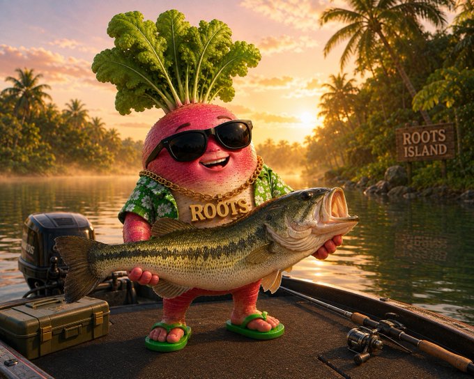 An anthropomorphic beet character wearing sunglasses, a "ROOTS" chain, and a Hawaiian shirt, holding a large bass fish on a boat near a "ROOTS ISLAND" sign.