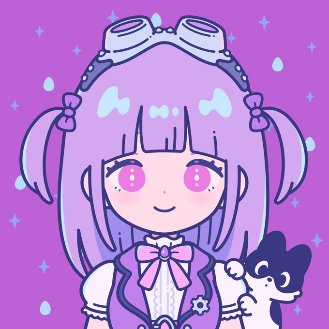 An anime-style girl with purple hair in twin tails, wearing goggles on her head and a pink bow, holds a small black creature with large eyes against a sparkly purple background.
