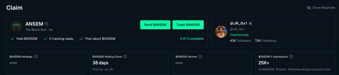 A webpage for the $ANSEM token on a platform called 'Claim', showing a Holder criteria (Hold $ANSEM) and progress to a $ANSEM airdrop, alongside a Twitter profile for 'curl_0x1'.