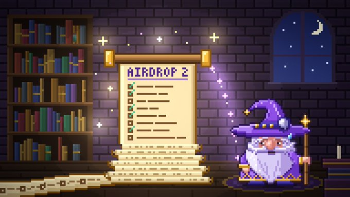 Pixel-art library scene with a wizard beside a board labeled “MIRADOR 2,” a bookshelf, candles, stacked papers, and a night window with stars and a crescent moon.