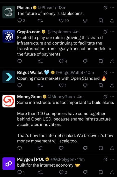 Social media posts on X from accounts including Plasma, Crypto.com, Bitget Wallet, MoneyGram, and Polygon discussing stablecoins, payments infrastructure, and Open USD.