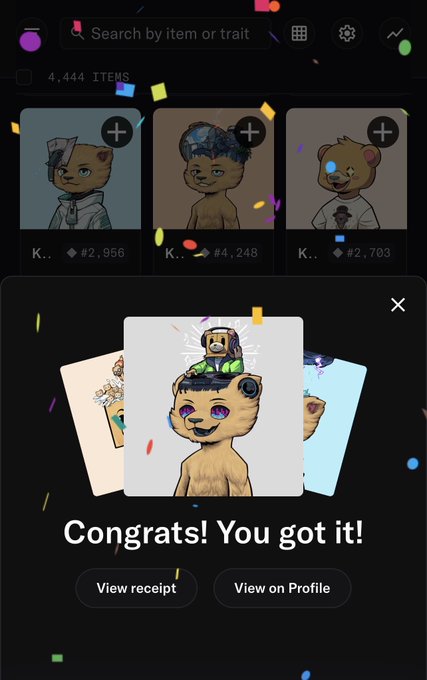 A mobile app interface showing NFT character cards with a 'Congrats! You got it!' popup displaying a bear-like creature with a halo, alongside buttons for 'View receipt' and 'View on Profile'.