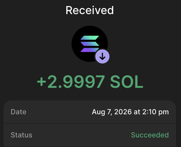 The image shows a successful transaction receipt for **+2.9997 SOL** received on **August 7, 2026 at 2:10 pm**, marked with "Succeeded" status. This appears to serve as "proof" of payment for a supposed $10 SOL giveaway, though such screenshots are commonly fabricated in scam giveaway posts to entice users into sending their own funds.