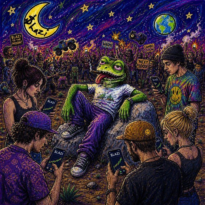 A vibrant psychedelic illustration titled "$LAZI" featuring a green reptilian character sitting on a rock, surrounded by people holding phones displaying the ticker, under a moon reading "$lazi to the moon!".