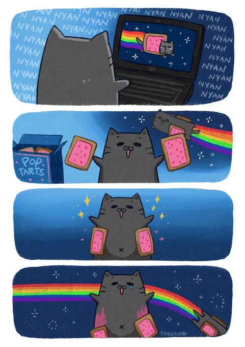 A four-panel comic featuring a grey cat with pink pop-tart slices, surrounded by the word 'NYAN' repeating on a starry blue background, with a rainbow trail and a box labeled 'POP TARTS'.