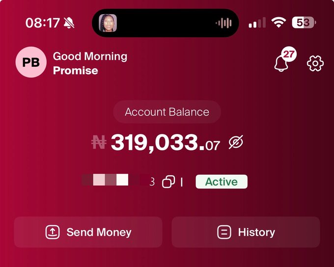 The image shows a mobile banking app screenshot displaying a Naira account balance of ₦319,033.07, active status, and a greeting "Good Morning Promise" with 27 notifications.

The screenshot serves as proof of funds to back the claim of doing "3" (likely referring to a tripled return or payout) for the tagged individuals in the post.