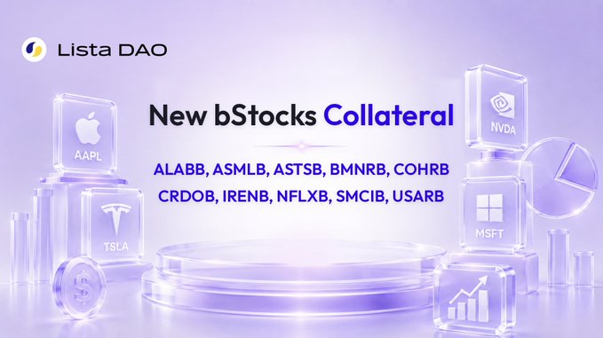A promotional graphic for Lista DAO's 'New bStocks Collateral' displaying stock tickers ALABB, ASMLB, ASTSB, BMNRB, COHRB, CRDOB, IRENB, NFLXB, SMCIB, and USARB, alongside 3D block graphics labeled with AAPL, TSLA, NVDA, and MSFT logos.