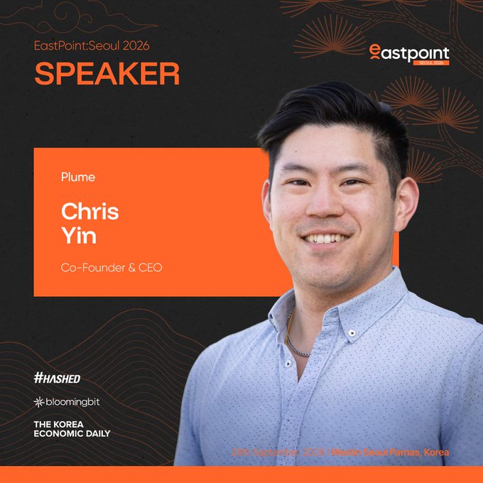 Promotional graphic for EastPoint Seoul 2026 featuring speaker Chris Yin, Co-Founder & CEO of Plume, with event details at Walkerhill Parnas, Korea.
