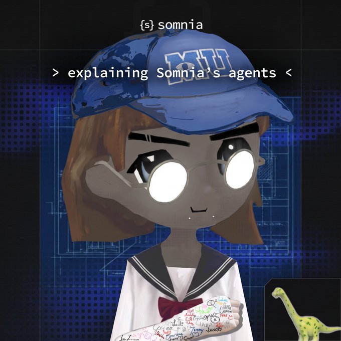 The image features a cartoon girl wearing glasses and a blue hat with "Somnia" written on it. The girl has tattoos on her arm and is holding a dinosaur toy, which appears to be a green dinosaur. There are also some text elements in the image that read "Explaining Somnia's agents".