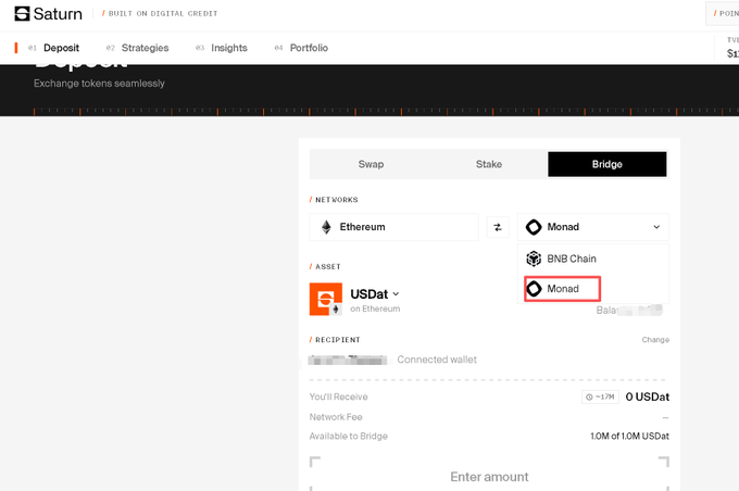 A screenshot of Saturn's deposit page showing the Bridge function for exchanging USDat from Ethereum to the Monad chain, with an option highlighted for selecting Monad as the destination network.