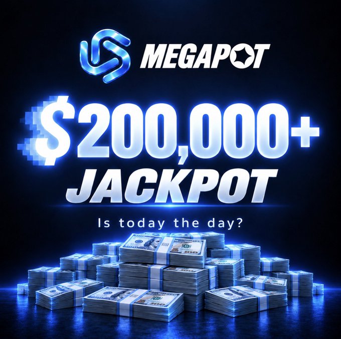 Promotional graphic for "MEGAPOT" featuring a glowing blue logo, a "$200,000+ JACKPOT" headline, and the question "Is today the day?" displayed above stacks of bundled cash on a dark background, matching the post's teaser about a single clipper nearing a major payout.