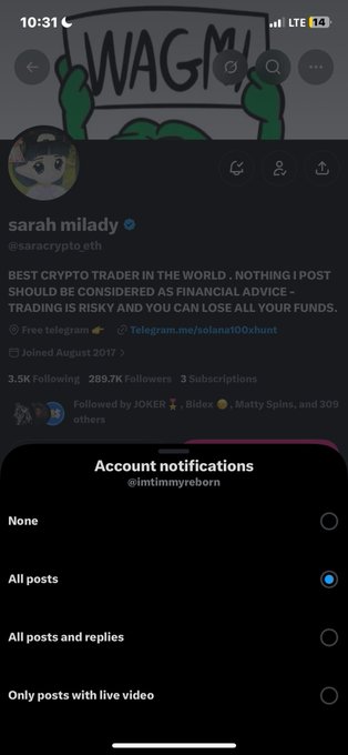A Twitter/X profile for 'sarah milady' (@saracrypto.eth) claims to be the 'BEST CRYPTO TRADER IN THE WORLD' with 3.5K Following and 289.7K Followers.