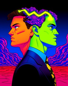 A vibrant neon-style digital illustration showing two profiles of a man facing opposite directions, with one side showing a glowing brain, symbolizing duality or conflicting thoughts.
