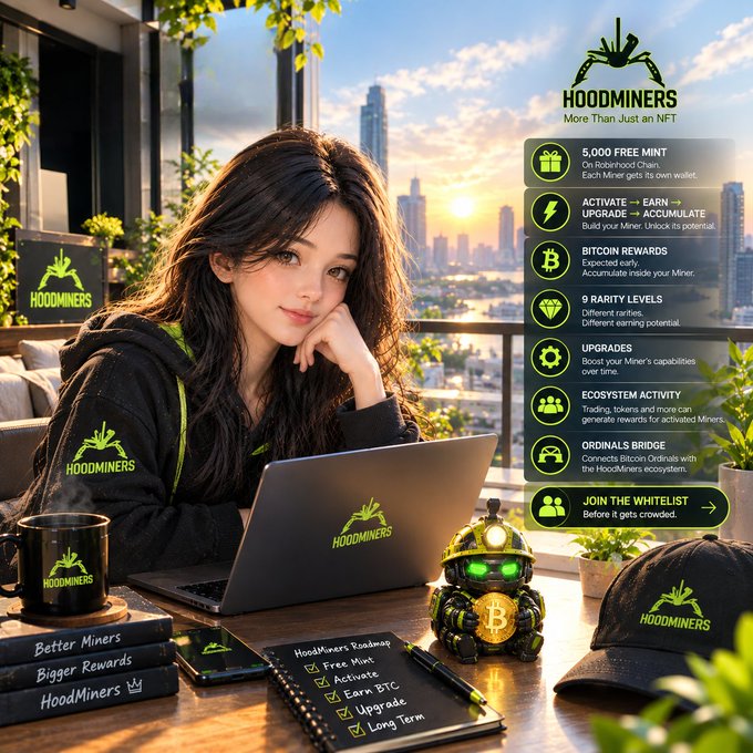 A promotional image for the 'HOODMINERS' NFT project features a young woman at a laptop with branding on her hoodie, alongside a roadmap and features list including '5,000 FREE MINT', 'ACTIVATE → EARN → UPGRADE → ACCUMULATE', 'BITCOIN REWARDS', and 'JOIN THE WHITELIST'.