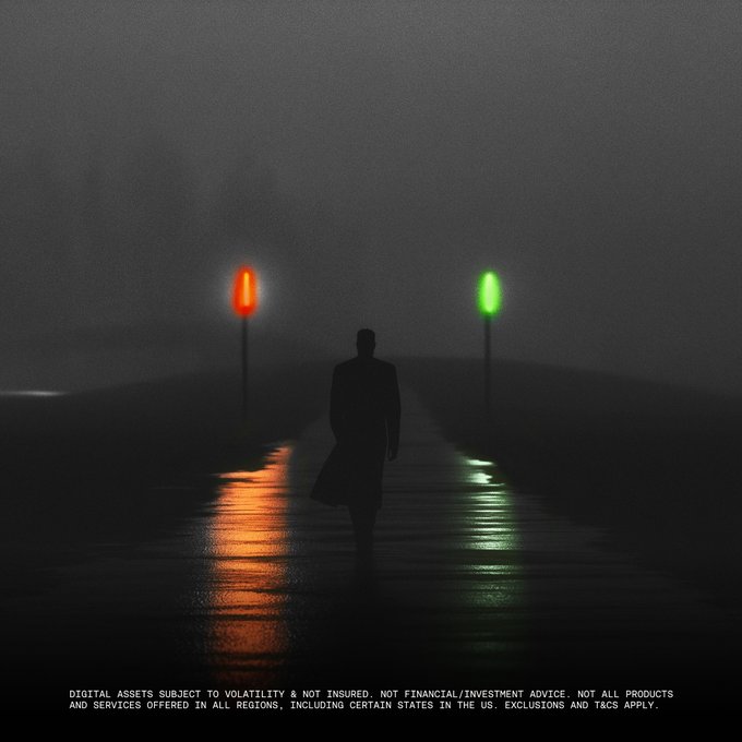 A silhouetted figure walks down a misty path between two glowing markers—a red light on the left and a green light on the right—their reflections shimmering on the wet ground below. The accompanying caption "Every trader checks the weather. Conviction is the compass that still works in the fog." appears at the bottom alongside a regulatory disclaimer about digital asset volatility, reinforcing the image's metaphor of navigating market uncertainty through decisive direction despite obscured visibility.