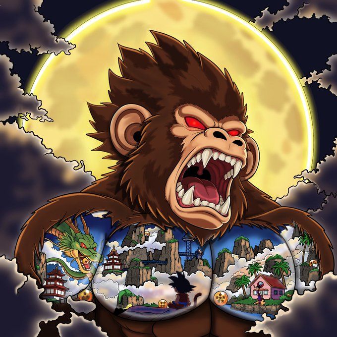 A stylized digital illustration of a roaring brown gorilla with glowing red eyes set against a full moon, featuring Dragon Ball-themed tattoos on its chest and arms.