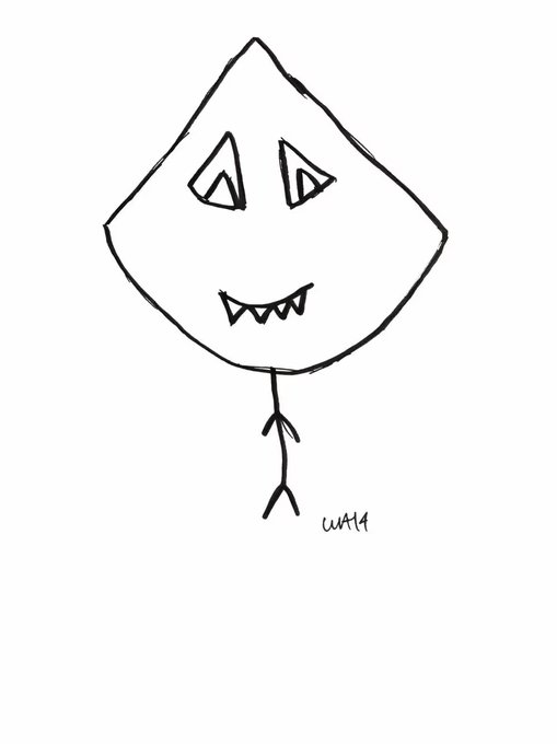 A simple black ink drawing of a diamond-shaped character with triangular eyes, a fanged smile, and stick-figure legs, signed 'WAH' in the corner.