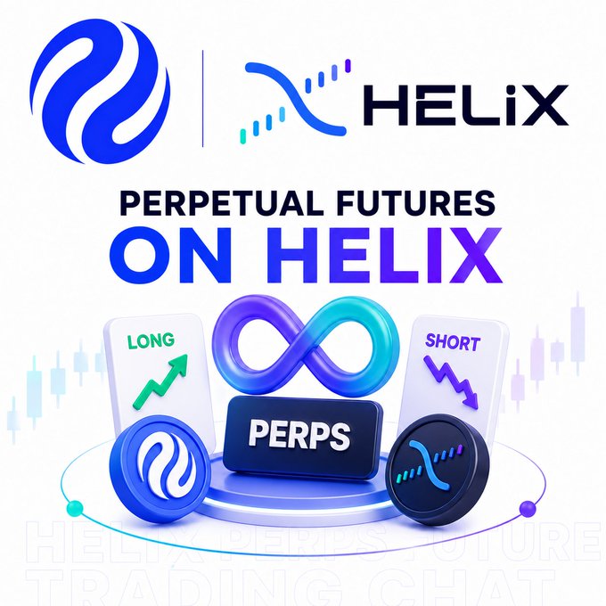 A promotional graphic for "Perpetual Futures on Helix" featuring the Helix and Injective logos at the top, with a central 3D illustration showing an infinity symbol flanked by "Long" (green upward arrow) and "Short" (purple downward arrow) cards above a "PERPS" label, visually representing the perpetual futures trading product discussed in the post.