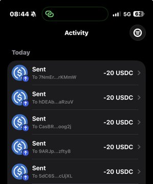 A smartphone screen displays an "Activity" page on what appears to be a crypto wallet app, showing a "Today" list of multiple "Sent" transactions for "-20 USDC" each, sent to various wallet addresses, illustrating the $20 tips mentioned in the accompanying post about tipping active community members.