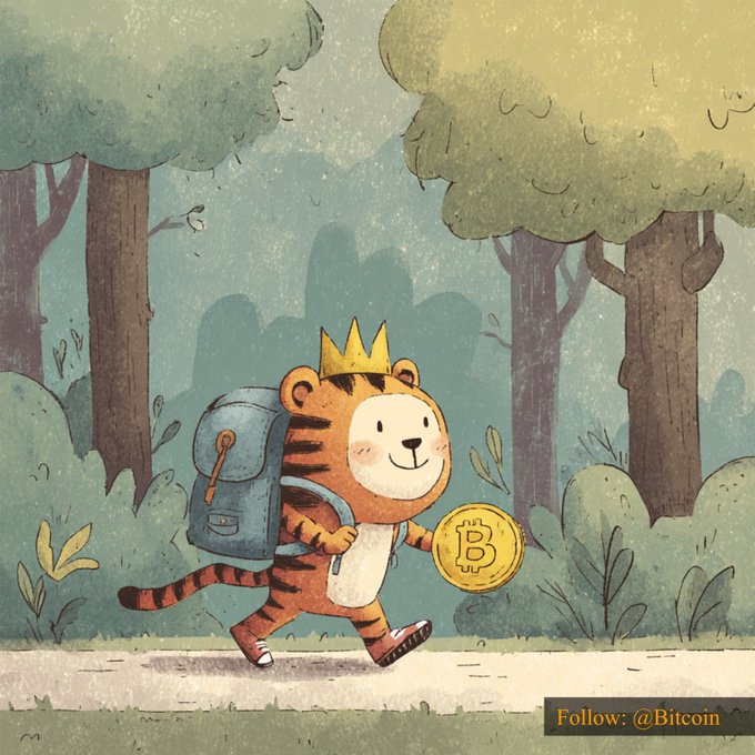 An illustration depicts a cartoon tiger wearing a yellow crown and carrying a blue backpack, walking through a forest while holding a gold Bitcoin coin.