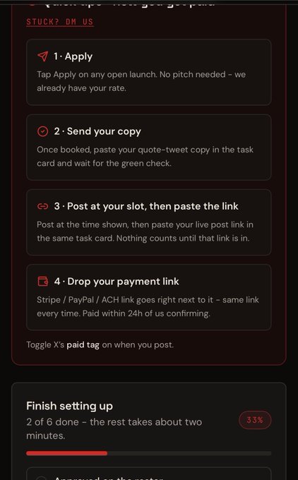 Dark-themed instructions page outlining four steps: 1. Apply, 2. Send your copy, 3. Post at your slot then paste the link, and 4. Drop your payment link, with a setup progress bar at 33%.