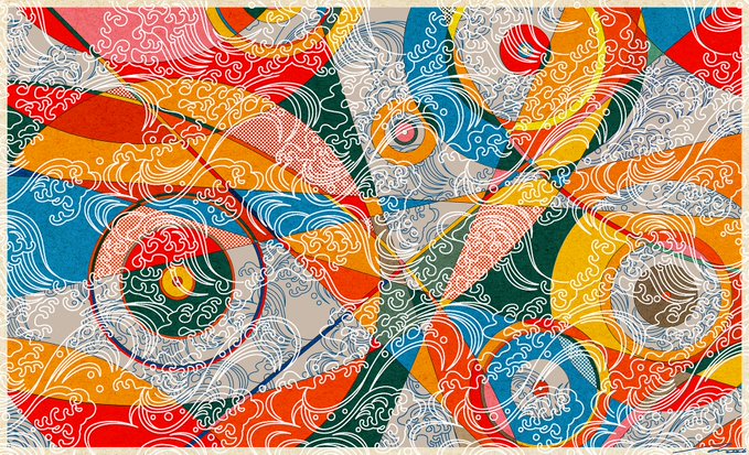 An abstract colorful illustration with swirling wave-like patterns, eyes, and a yellow crescent moon shape rendered in red, orange, blue, yellow, and gray tones.