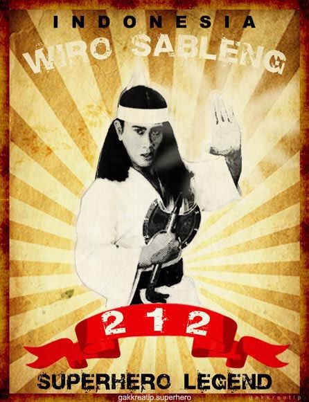 A vintage-style poster featuring a martial artist character with the text 'INDONESIA WIRO SABLENG 212 SUPERHERO LEGEND' displayed on a starburst background.