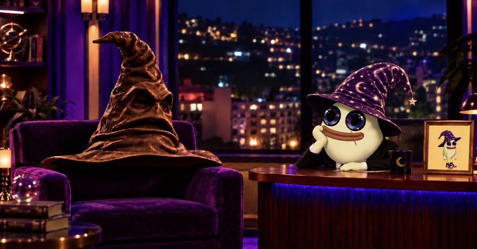 A Halloween-themed scene featuring the Sorting Hat and a ghost-like character wearing a purple wizard hat with stars, set in a dimly lit room with a nighttime city view through the window.