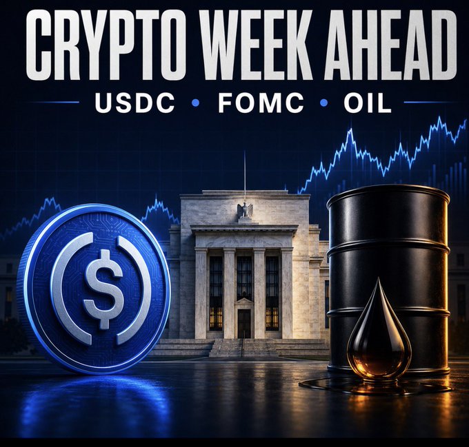 A promotional graphic titled "CRYPTO WEEK AHEAD" highlighting USDC, FOMC, and OIL, featuring a USDC coin, the Federal Reserve building, and an oil barrel against a chart backdrop. The visual directly illustrates the post's three key market catalysts: stablecoin developments (USDC), Federal Reserve policy (FOMC minutes), and energy prices (oil).