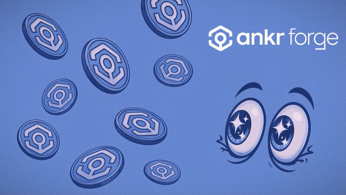 A vibrant blue-toned illustration shows stylized ANKR coins with the platform's hexagonal logo floating alongside a cartoonish pair of wide, sparkling eyes conveying excitement, paired with the "ankr forge" branding in the upper right. The visual mirrors the post's enthusiasm about Ankr's Forge rewards platform, using the gleaming coins to represent the earning potential while the cartoon eyes capture the excitement of recent Forge airdrops for $ANKR holders.