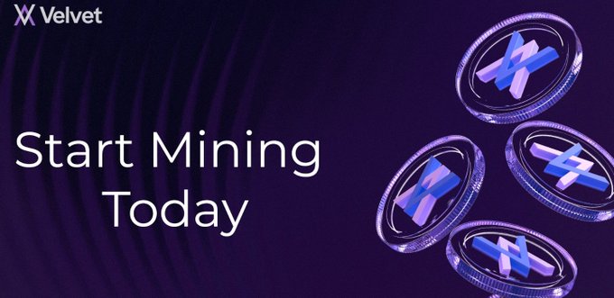 A promotional banner for 'Velvet' cryptocurrency featuring metallic coins with the Velvet logo and the text 'Start Mining Today' on a purple background.