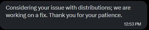 The image displays a black screen with white text reading "Considering your issue with distributions, we are working on a fix. Thank you for your patience." with a timestamp of "12:53 PM" in the bottom right corner. The message appears to be a response from TheIndexFi acknowledging the missing stock reward distributions reported by $401K holders, as referenced in the accompanying post.