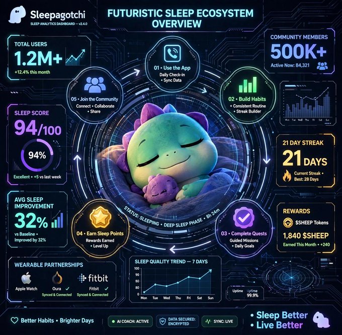 A Sleepagotchi dashboard titled "Futuristic Sleep Ecosystem Overview" showing 1.2M+ total users, 94/100 sleep score, 21-day streak, 1840 SHEEP tokens earned, and a sleeping dragon mascot in the center.