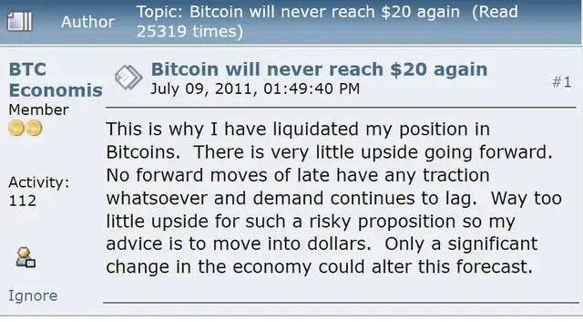 A vintage forum post dated July 9, 2011, from a "BTC Economist" titled "Bitcoin will never reach $20 again" displays the author liquidating their entire Bitcoin position, advising investors to move into dollars—ironically posted just before BTC's historic 4,300x rally highlighted in the accompanying post.