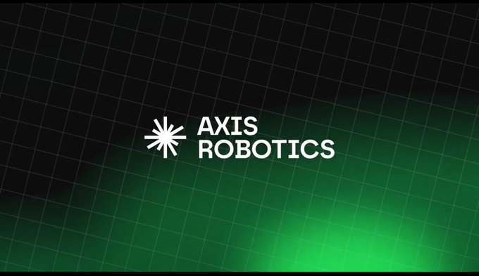 A logo screen for 'AXIS ROBOTICS' featuring a white asterisk-like icon on a dark grid background with green gradient lighting.