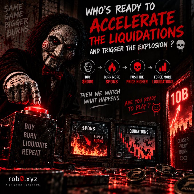 A dark, dramatic promotional graphic from "rob0.xyz" featuring a menacing Jigsaw-like figure with the text "WHO'S READY TO ACCELERATE THE LIQUIDATIONS AND TRIGGER THE EXPLOSION?" and instructions to "BUY $ROBO, BURN MORE $PONS".