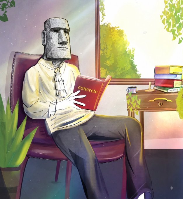 An anime-style depiction of a person with a moai (Easter Island) head reading a red book labeled 'concrete' while sitting in a chair near a sunlit window.