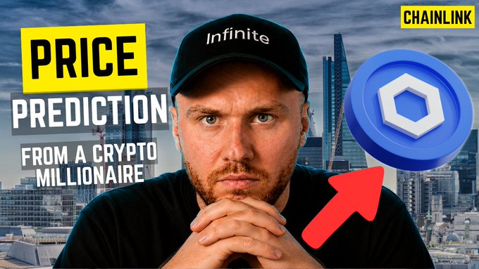 A man wearing an "Infinite" cap poses in front of a city skyline with text reading "PRICE PREDICTION FROM A CRYPTO MILLIONAIRE" alongside the Chainlink (LINK) logo and an upward arrow, promoting his upcoming video analyzing Chainlink's short, medium, and long-term price outlook.