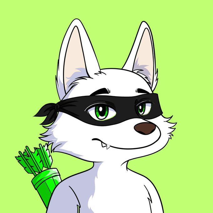 A cartoon illustration of a white fox-like character wearing a black domino mask and holding a green quiver of arrows, set against a light green background.