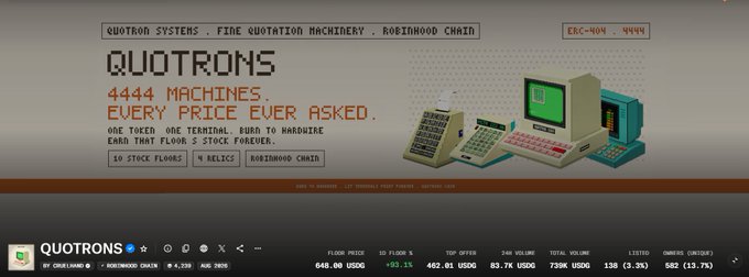 A pixel-art style banner for 'QUOTRON SYSTEMS - FINE QUOTATION MACHINERY' displaying ticker 'CRC-NOV 4444' and price metrics including 'FLOOR PRICE 648.00 USDG' and 'TOTAL VOLUME 739K USDG'.