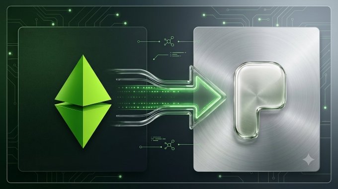 A digital illustration showing the Ethereum logo on the left with a glowing green arrow pointing to a silver plate with the letter 'P' (representing the Polygon logo) on the right.