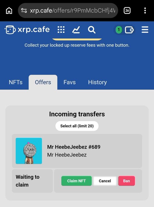 The image shows a mobile screenshot of the xrp.cafe Offers page displaying an incoming NFT transfer titled "Mr HeebeJeebez #689" with options to "Claim NFT," "Cancel," or "Ban," alongside a "Select all (limit 20)" button for managing multiple offers. The post questions the origin of a HeebeJeebezXRP NFT before accepting it, directly reflecting the screenshot of the pending incoming transfer from that creator.