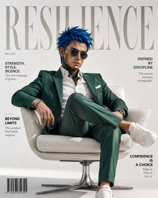 A magazine cover titled 'RESILIENCE' dated 'MAY 2025', featuring a man with blue hair and sunglasses in a green suit, with text 'STRENGTH. STYLE. SILENCE.', 'DEFINED BY DISCIPLINE', 'BEYOND LIMITS', and 'CONFIDENCE IS A CHOICE'.